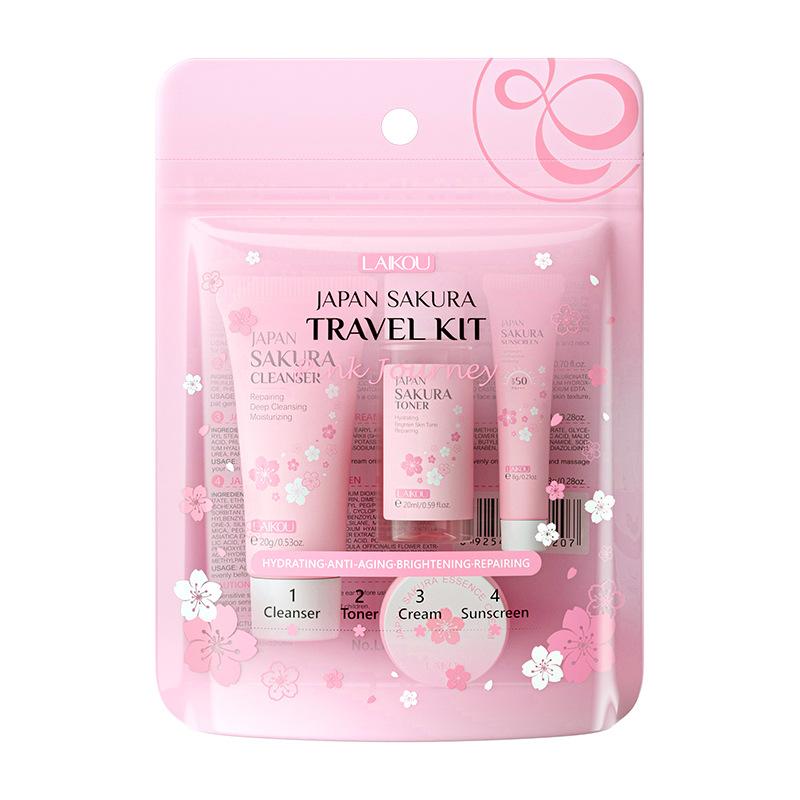LAIKOU Japan Sakura Skin Care Travel Set 4 Pcs Cleanser, Toner, Cream, Essence 4-travel kit