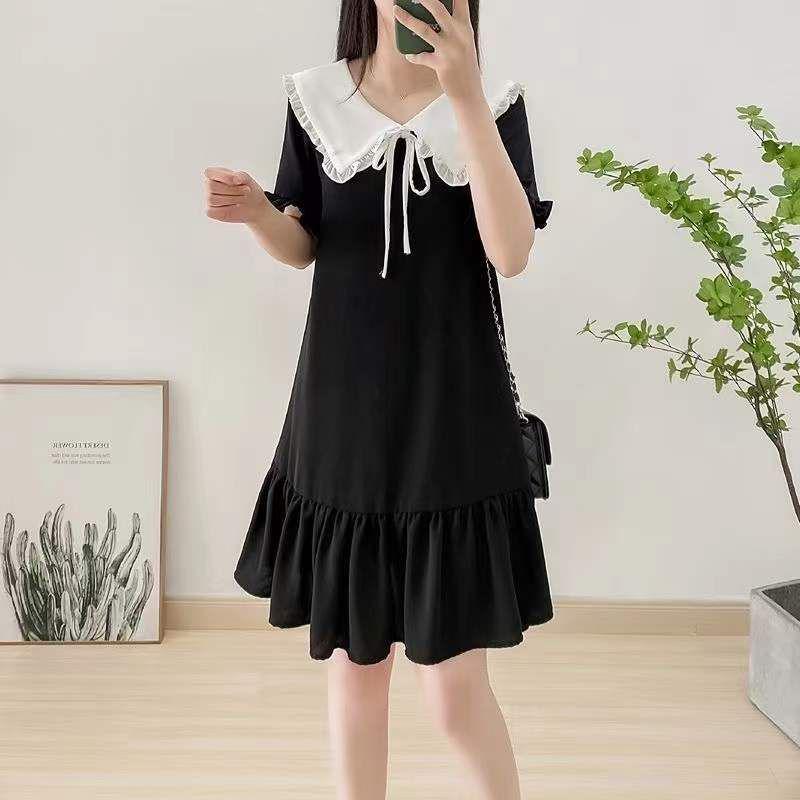 2024 Petite Black Dress with Doll Collar: Loose Fit, Slimming, Flesh-Covering Short Sleeves
