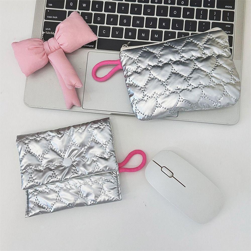 Zipper Button Sanitary Mat Bag Love Bow Credit Card Holder Simple Makeup Organizer for Woman Girls