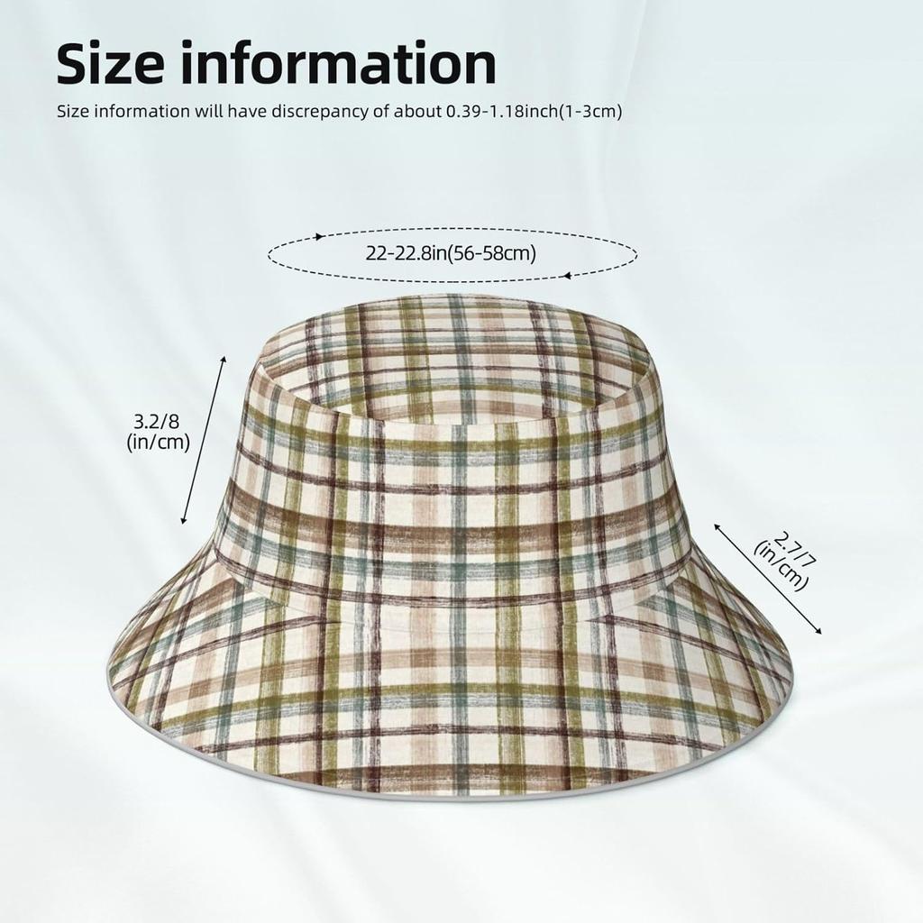 Khaki Coffee Plaid Print Bucket Hat Reversible Multicolored Fisherman Cap Packable Sun Hat for Men and Women