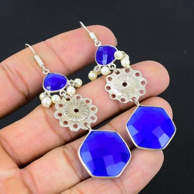 Blauer Saphir Stein Neue Hängende Ohrringe Hochzeitsschmuck 925 Sterlingsilber
