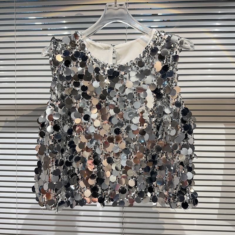 

Internet Celebrity Autumn Big Sequined Performance Loose T-shirt Vest Silver M