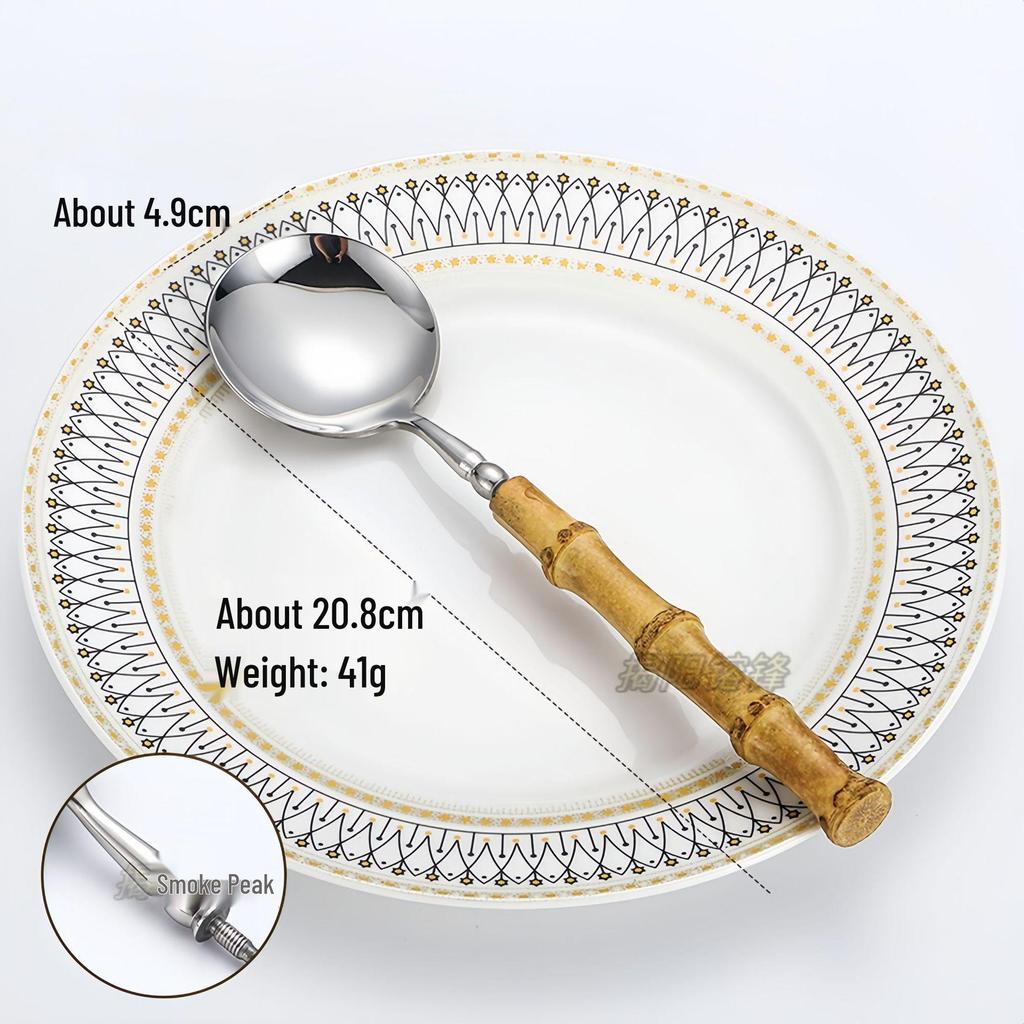 304 Stainless Steel Bamboo-Handled Knife Fork Spoon Set for Hotel Tableware and Western Food, Thickened Dessert Spoon and Steak Knife Fork.
