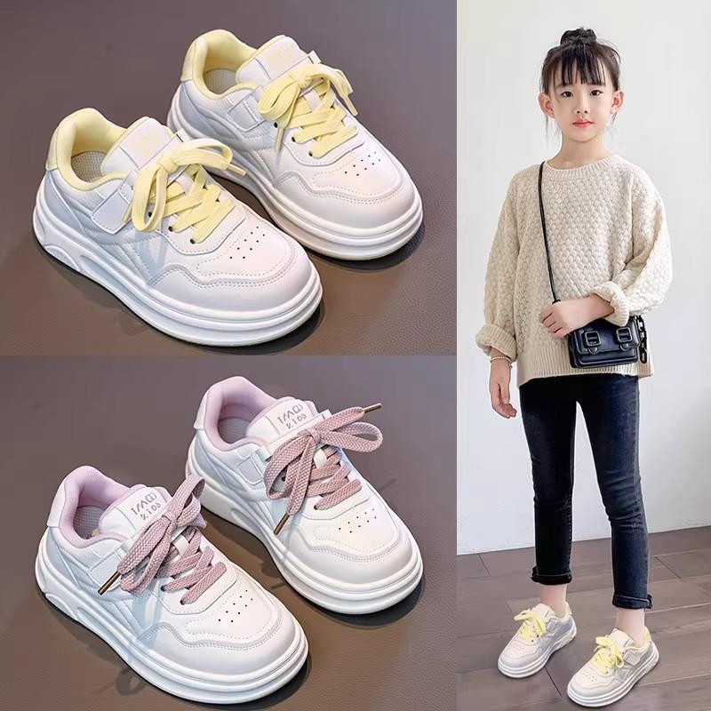 Youth style shoes Girls White Casual Sneakers Kids Low-Top Rubber Sole Non-Slip School Shoes