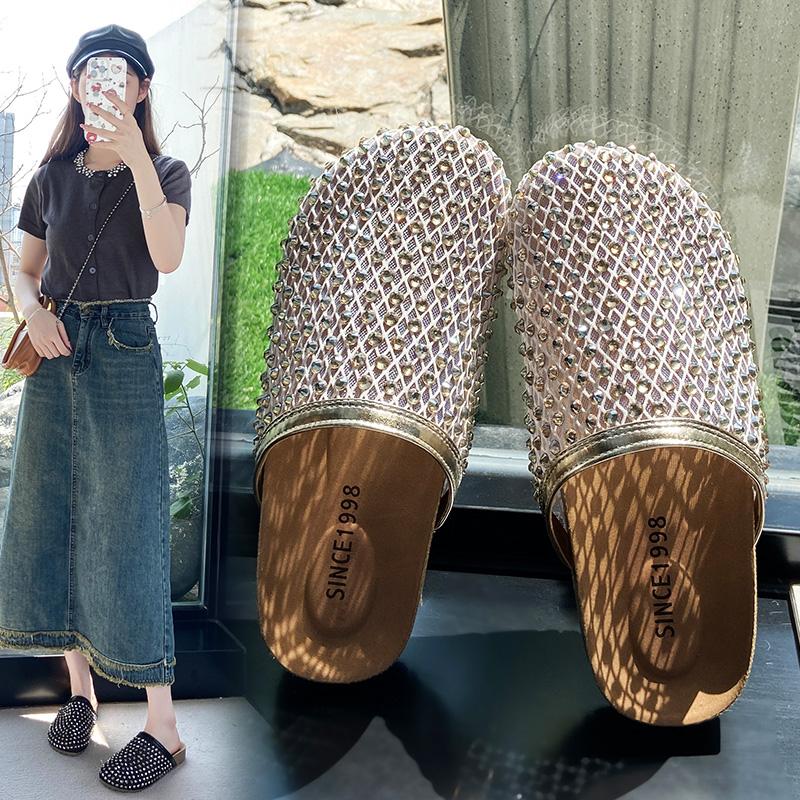 Fashion Super Popular Water Diamond Full Diamond Women's Shoes, Fishing Net Toe Cover Half-slippers, Flat Lazy Women's Sandals