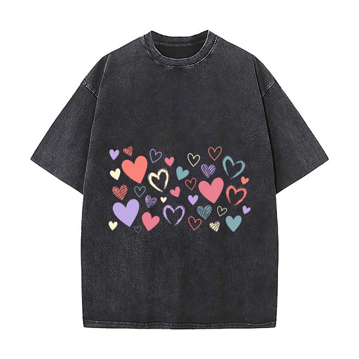 Playful Sketched Hearts Repeat Patte Loose Solid Distressed T Shirt American Casual Crew Neck Top S
