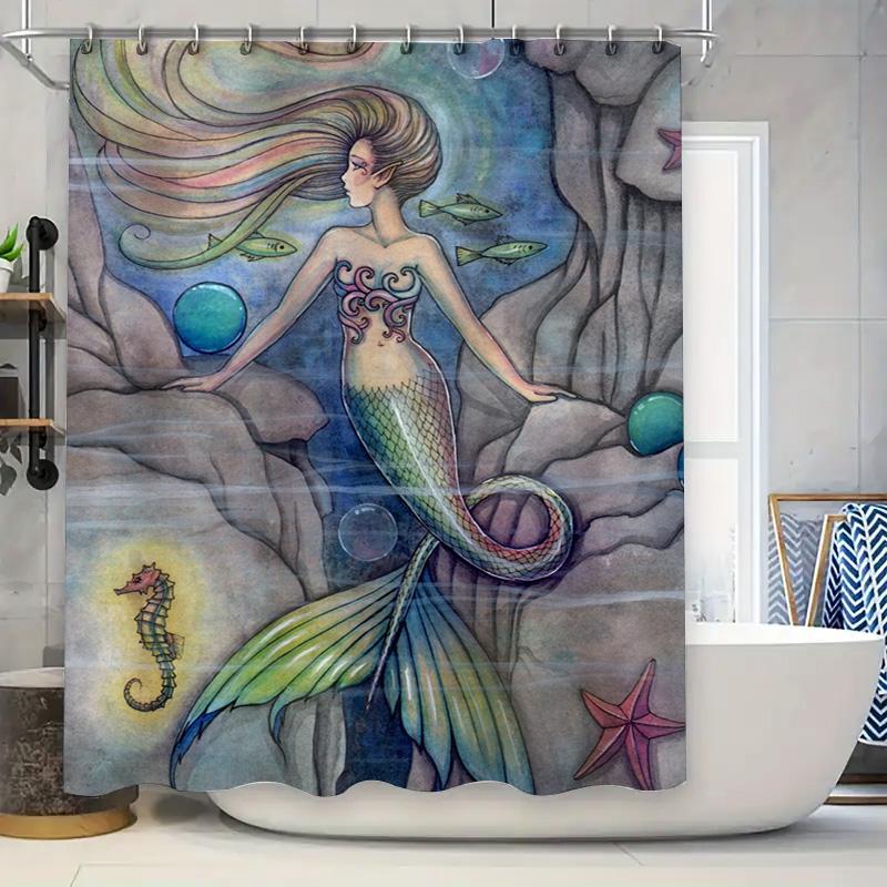 

Underwater Mermaid Shower Curtain Ocean Life Design For Bathroom Decor Artistic Seashell Fish Prints Vibrant Colors Watercolor P W60H190(CM)-1 Pcs