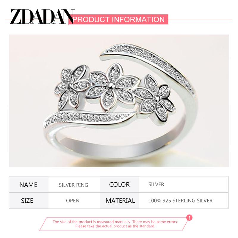 925  Silver Fashion Adjustable Open CZ Flowers Ring For Women Temperament Jewelry Accessories Gift