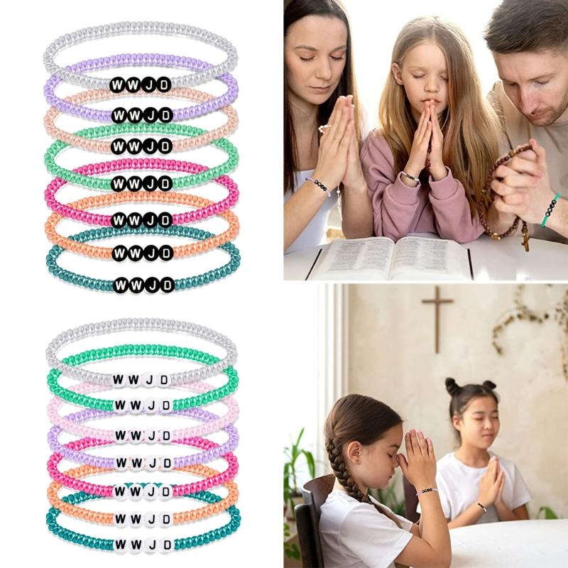 7PCS Colorful WWJD Bracelets Teen Girl Summer Beaded Bracelets Religious Stretch Bracelets What Would Jesus Do Bracelets