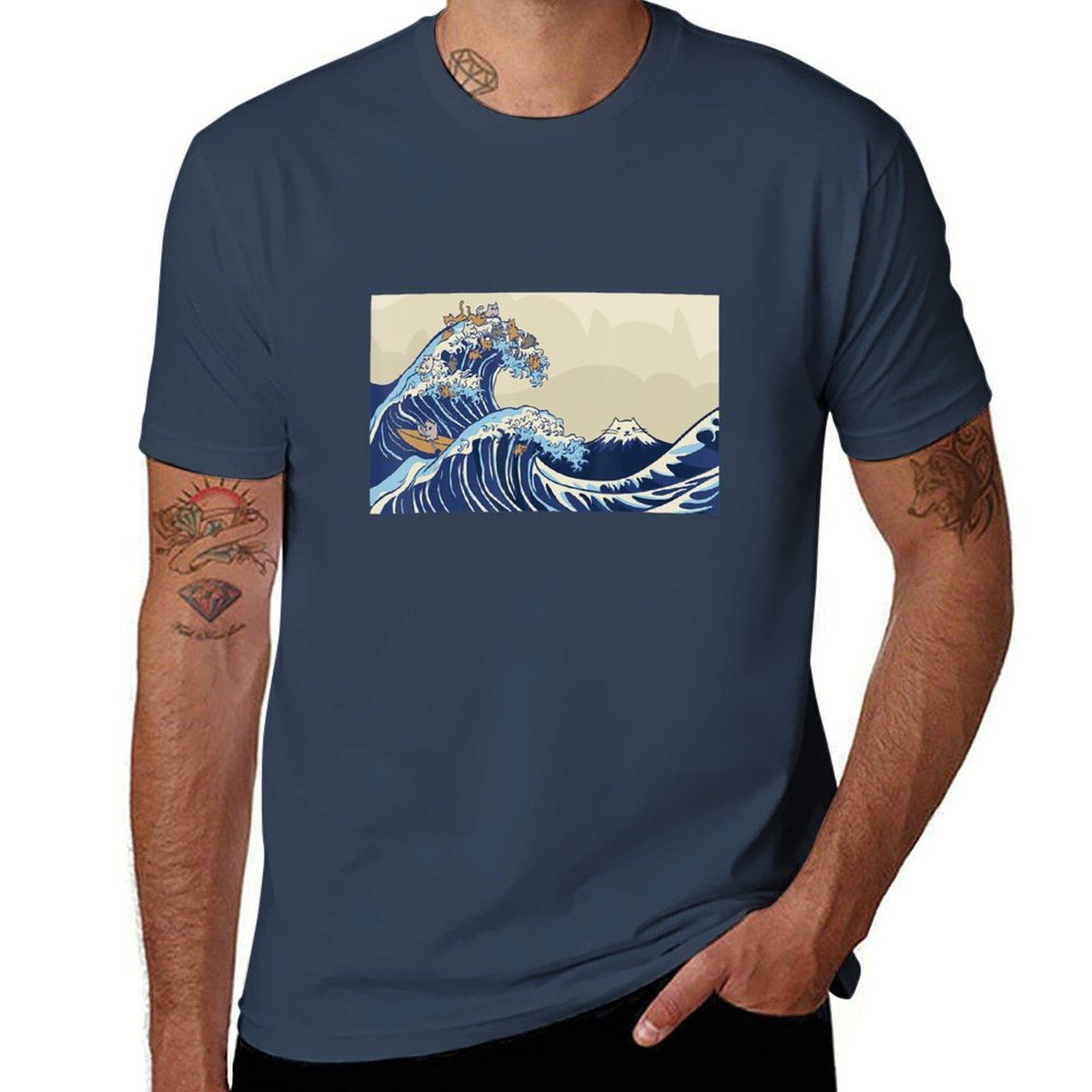 Cute Cat Japanese Surfing Great Wave Tshirt Basic Crew Neck Short Sleeve Top S