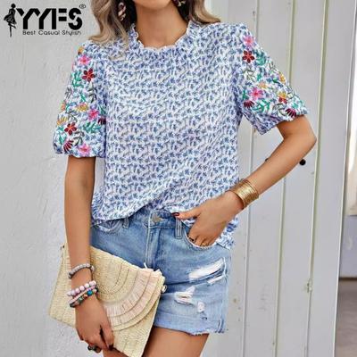 Women's Fashion Casual Summer Spring Flower Pattern Print Short Sleeve Blouses & Shirts
