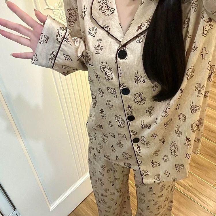 "Jarní luxusní pár pyžamový set z ledového hedvábí - top s dlouhým rukávem a žakárové kalhoty"