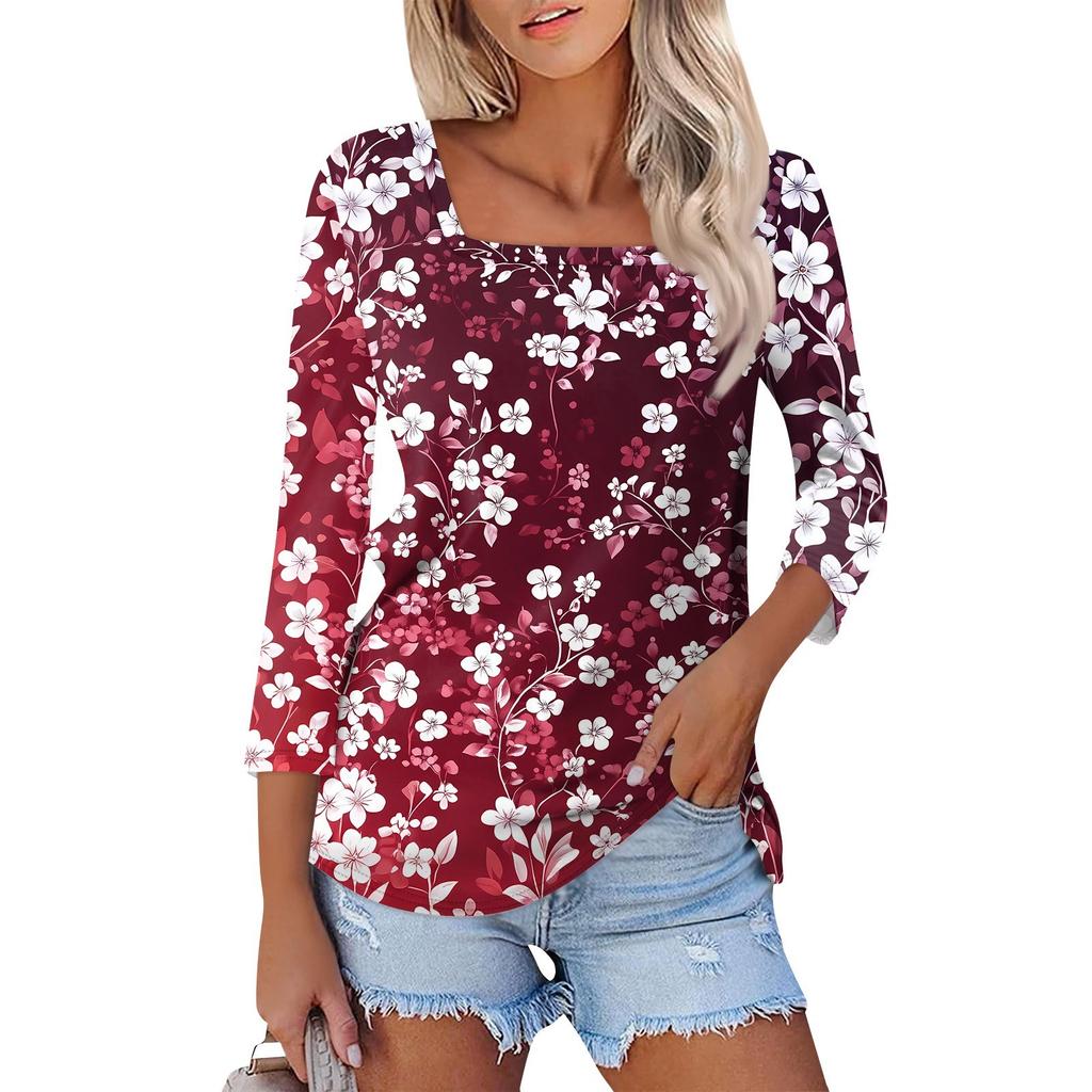Shirt For Women's Fashion Casual Square Neck 3/4 Sleeve Loose Printed T-Shirt Ladies Top