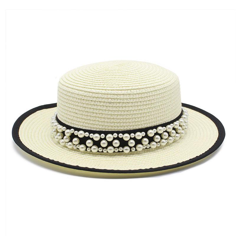 Summer Sunshade Sunscreen Big Brim Top Hat Women'S French Retro Pearl Chain Flat Top Hat Casual Versatile Straw Hat