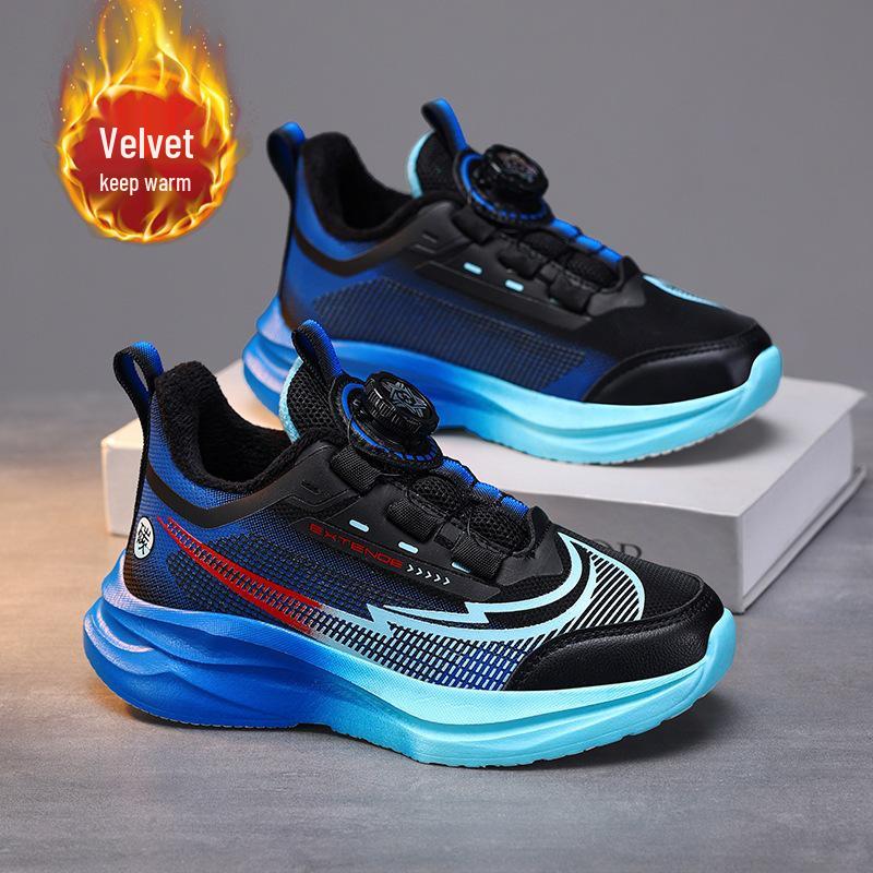 

2025 Winter Boys Waterproof Leather Sports Shoes: Warm Cotton for Primary School Running 39 чорний/синій