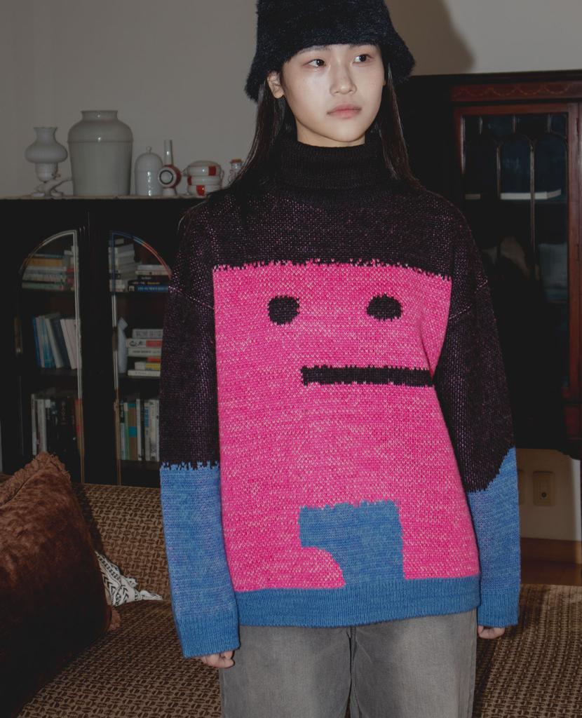 GROUNDWORK Square Man Turtleneck Knit Sweater / Black Pink Mix
