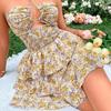 Summer 2025 Women's Strapless Floral Tie-Up Spaghetti Strap Mini Dress
