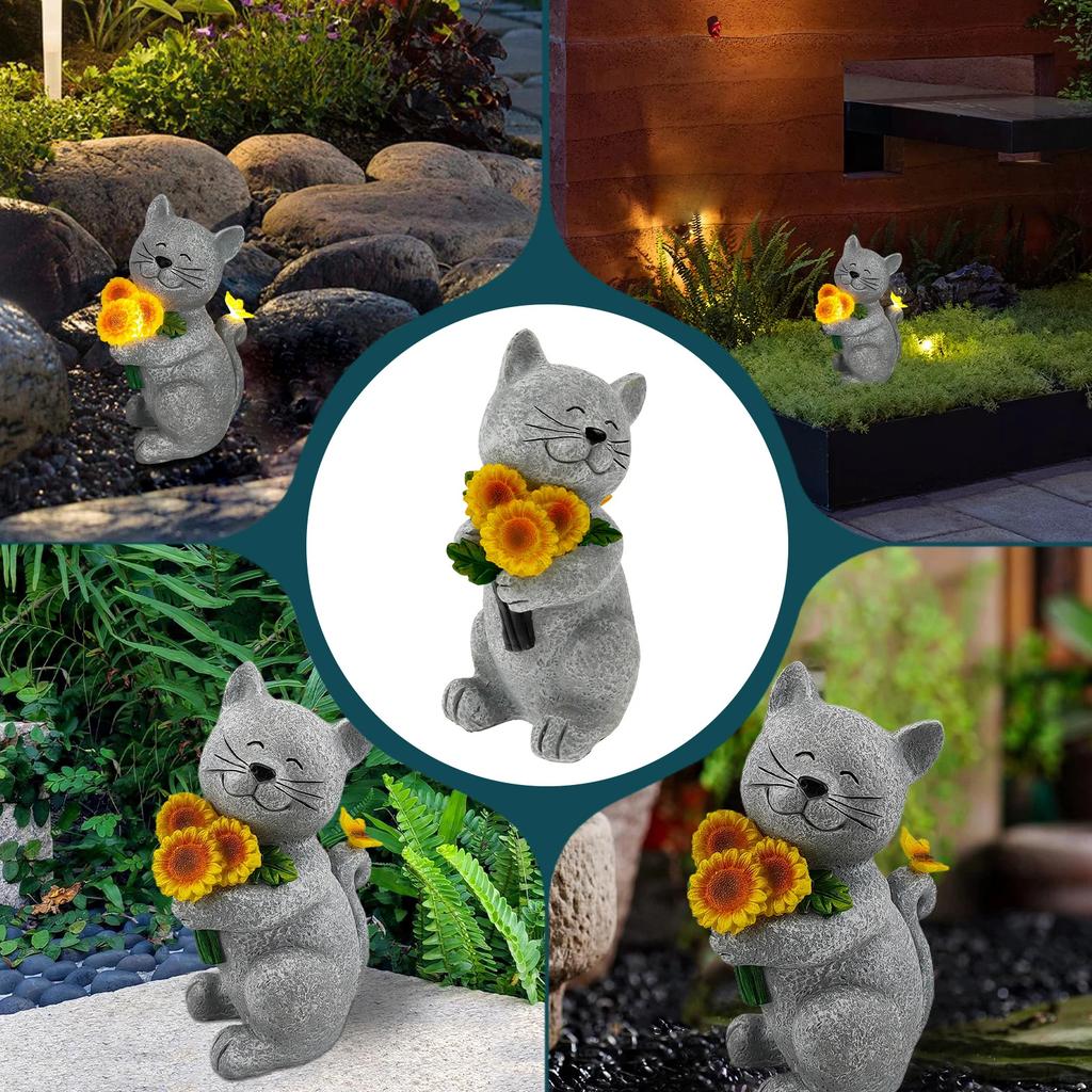 Unique Solar Garden Statues Lights Cat Figurines Succulent Flower Butterfly Art Design for Home Outdoor Patio, Porch Yard Balcon