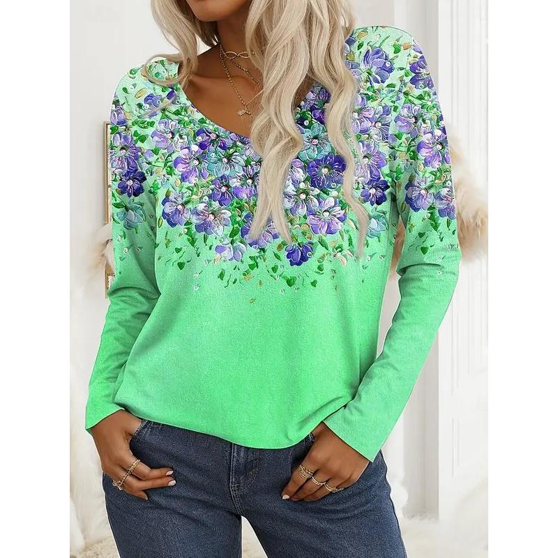 Spring and Autumn V-neck Flower Pattern 3D Printed Top Fashionable Casual Long Sleeved Women's T-shirts
