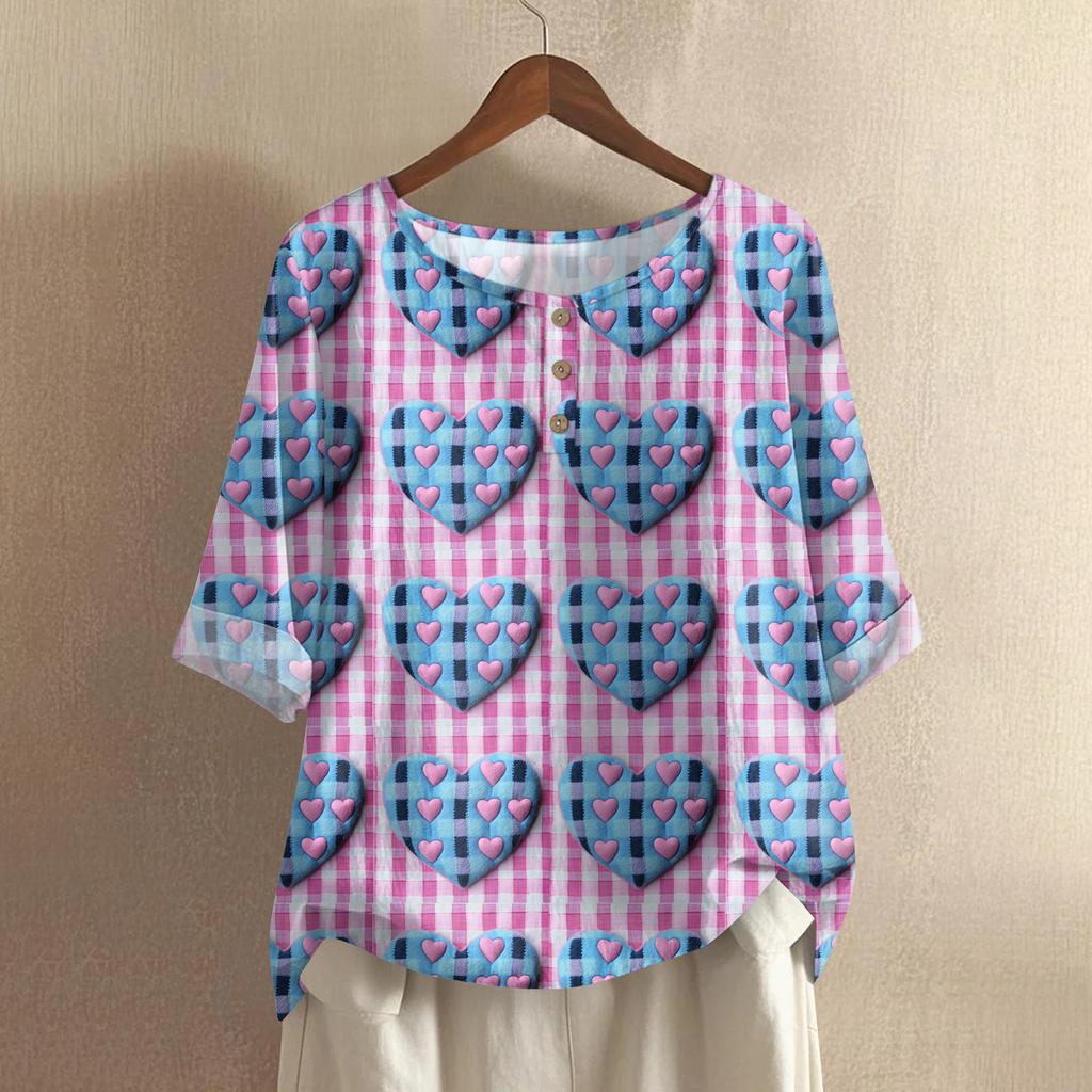 Damska koszulka z nadrukiem na Walentynki, casualowa, z krótkim rękawem, okrągłym dekoltem, z bawełny i lnu