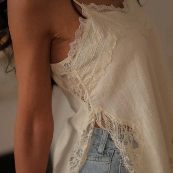 European and American women's lace cotton and linen suspender vest women's summer French outer wear pure desire style design top