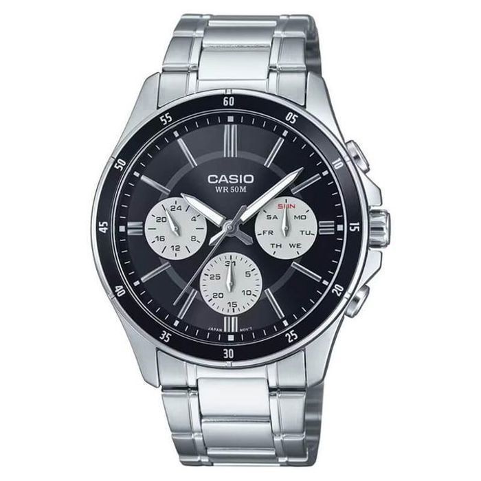 Montre - CASIO - Fond noir avec 3 cadrans - Etanche 50 m - Acier inoxydable - Quartz
