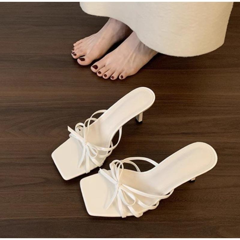 Fashion New Style Popular Comfortable Low Heels Square Head Sandals Sweet Bow Silk Thick Heel Slippers for Ladies Outwear Blue Slides