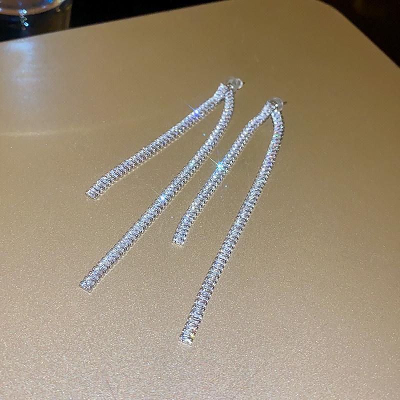 Silver Needle Korean Style Shiny Zirconia Square Tassel Earrings - Light Luxury, High-End Studs, Fashionable and Exquisite for Women