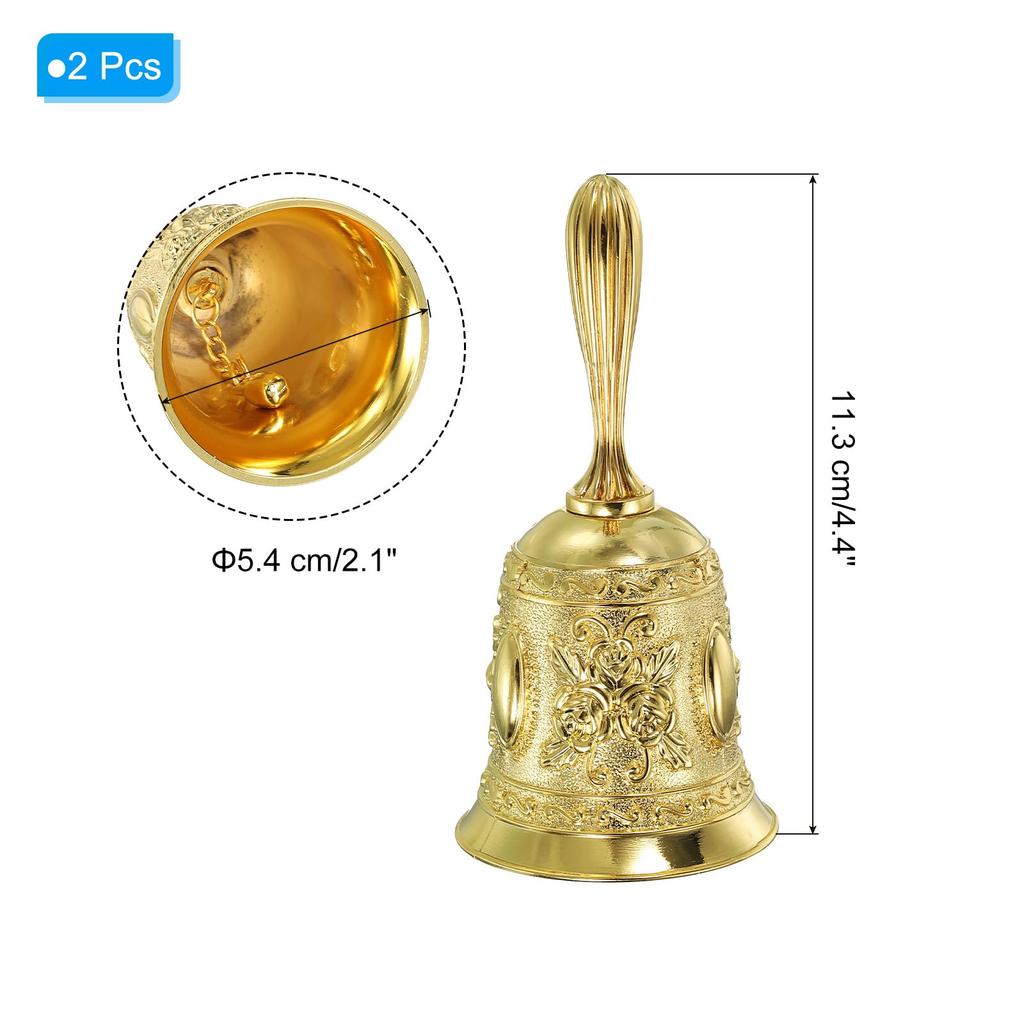 PATIKIL Set of 2 Dinner Bells, Antique Engraved Metal Hand Bells, for Dinner Service, Church, Weddings, and Christmas, Gold