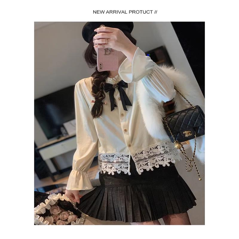 Elegant French Velvet Long Sleeve Blouse S