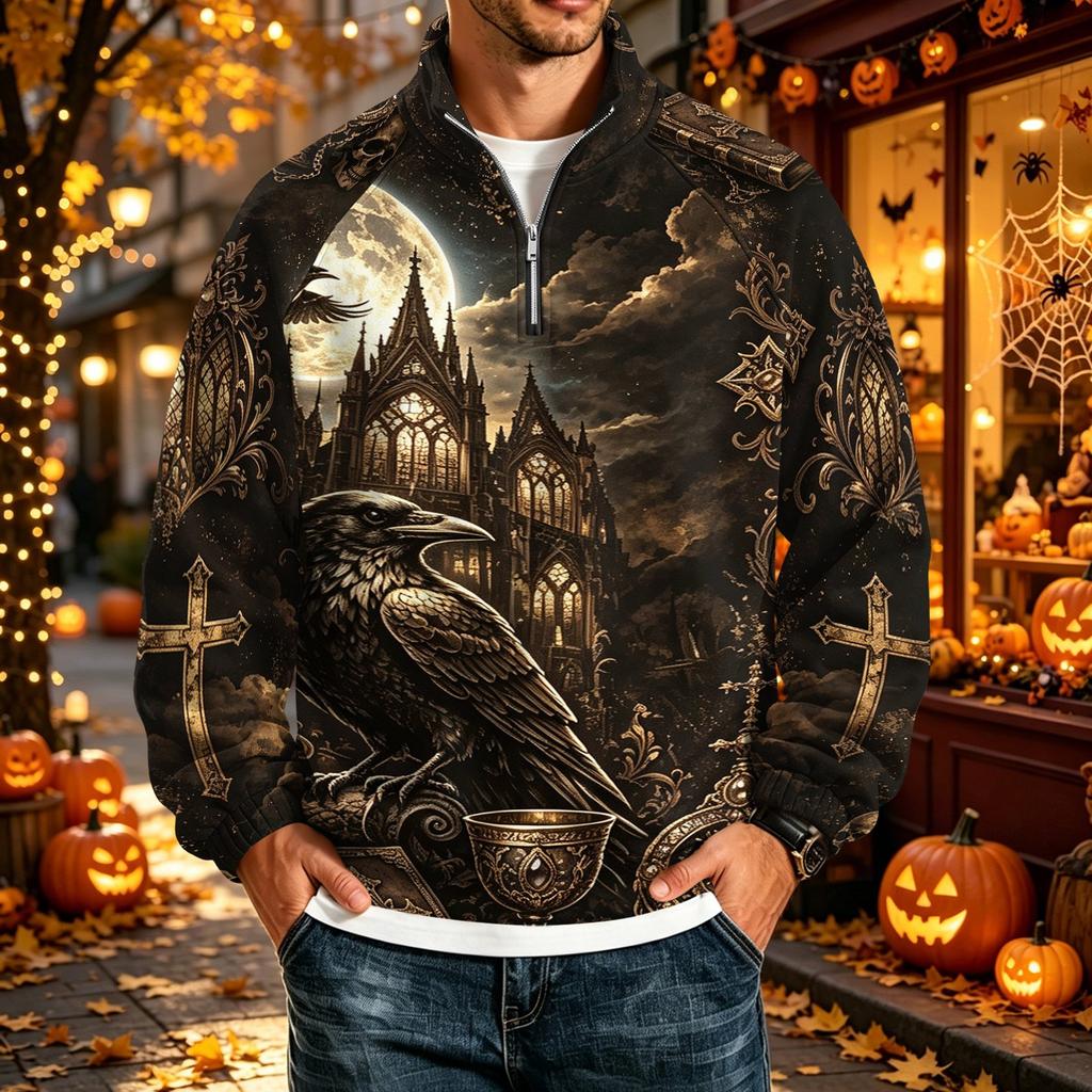 Men's Halloween Print Raglan Sweatshirt Loose Fit Stand Collar Casual Top