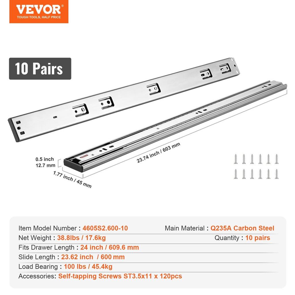 10 Pairs of 609.6mm Drawer Slides Side Mount Rails, Heavy Duty Full Extension Steel Track, Soft-Close Noiseless Guide Glides Cabinet Kitchen Runners