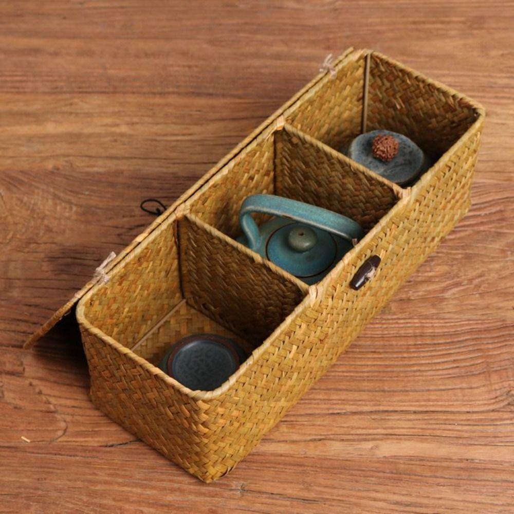 Ručně pletený 3 přihrádkový úložný koš Prachotěsný ratanový dělicí úložný box Kosmetika