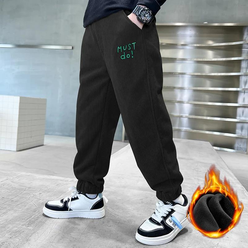 Winter Boys Warm Pants Thicken Kids Corduroy Velvet Trousers Children Sports Fleece Lined Pants