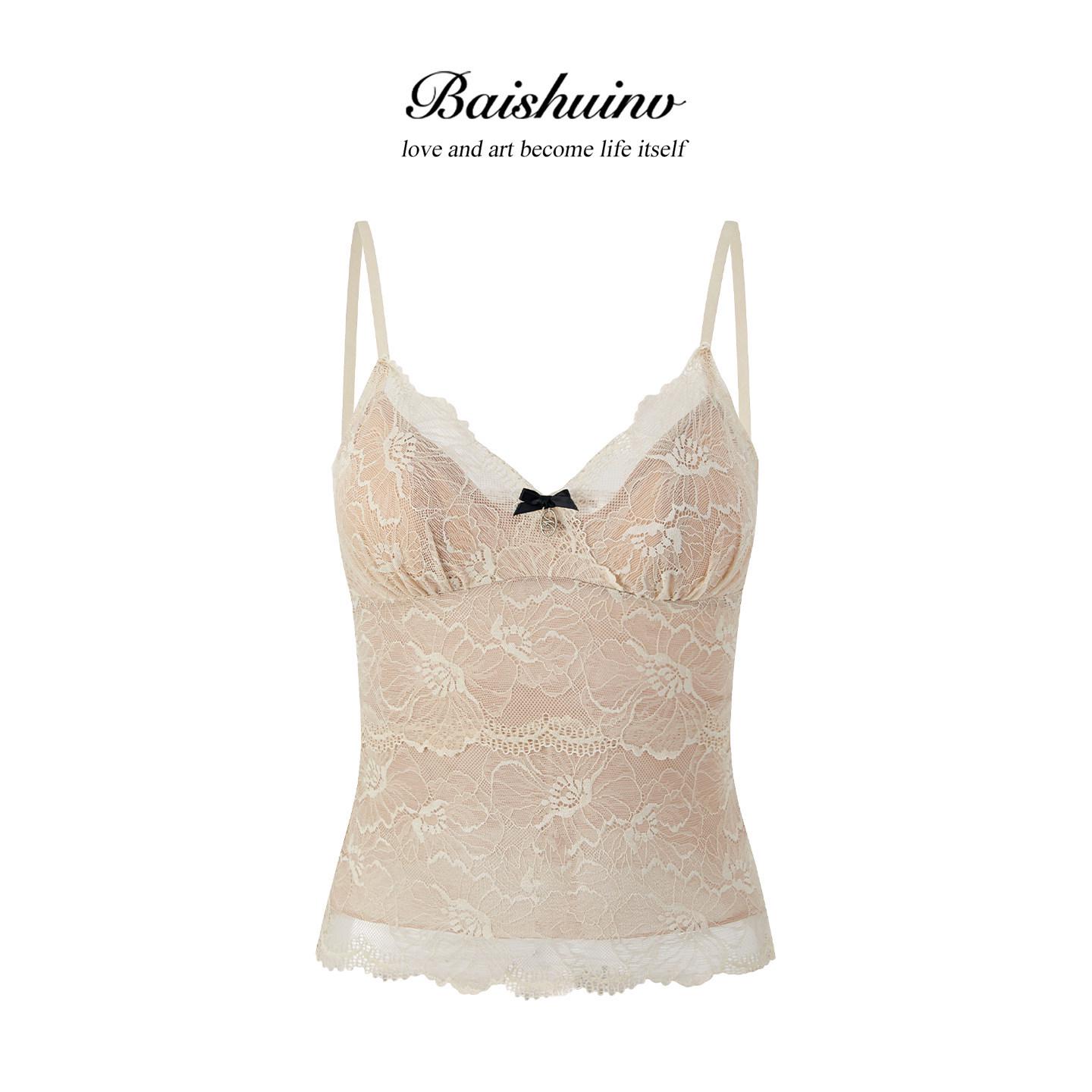 

Retro Dainty Lace Padded Camisole Top for Women - Early Autumn Slimming Style Large