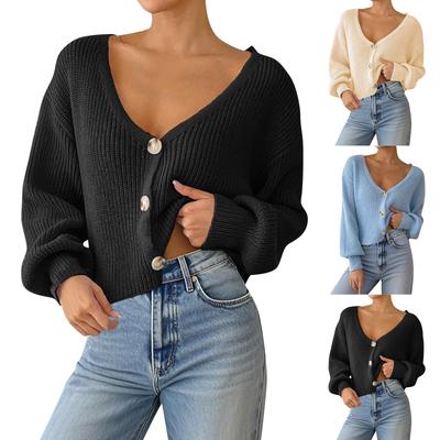 Damen Einfarbiges Strickjacke mit Knopfleiste Tiefer V-Ausschnitt Kurze Weit geschnittene Jacke Lässiges Oberteil