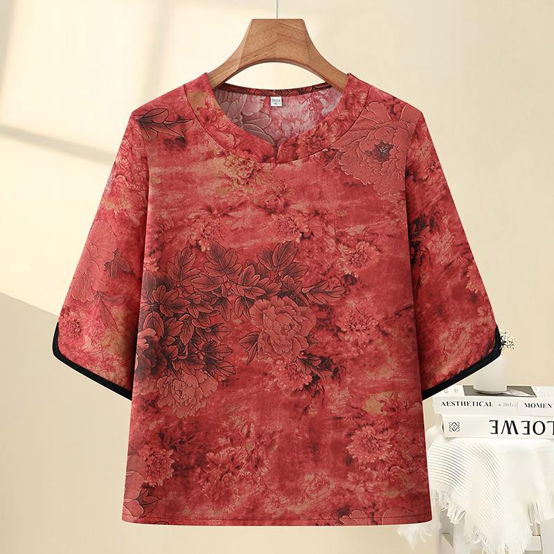 

Stylish Summer Round-Neck Printed Top for Middle-Aged and Elderly Women 2026 3XL (60-68 kg) красный