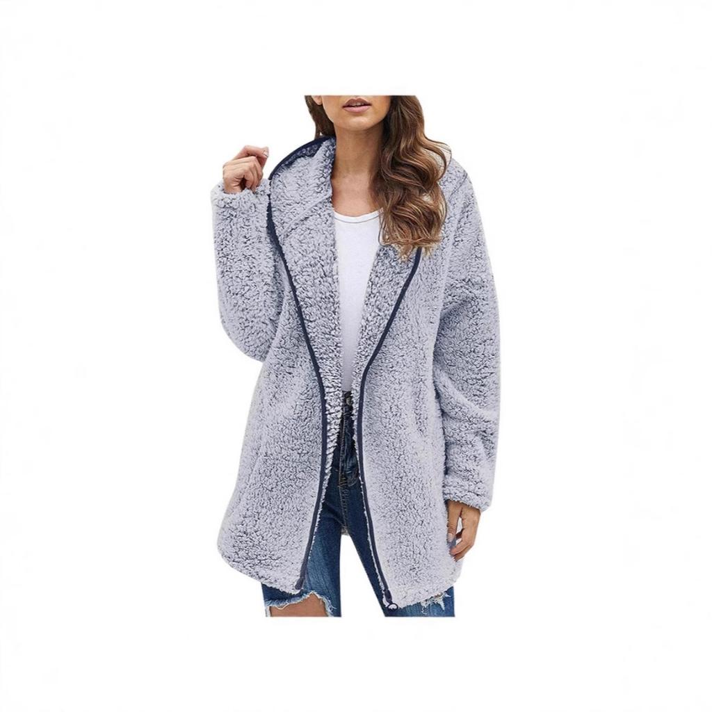 Women's Casual Solid Color Hooded Fleece Sweatshirt Long Sleeve Lapel Fleece Top For Autumn Winter