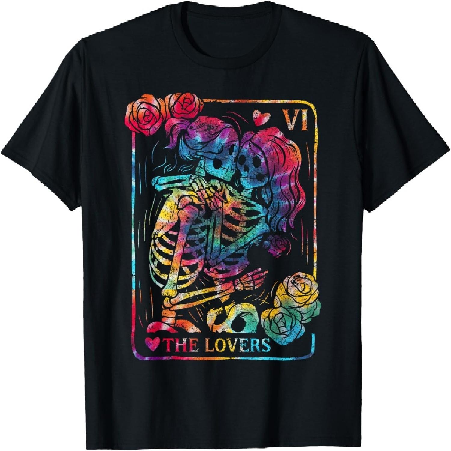 The Lovers Tarot Card Gothic Occult Kissing Skeleton Roses T-Shirt S