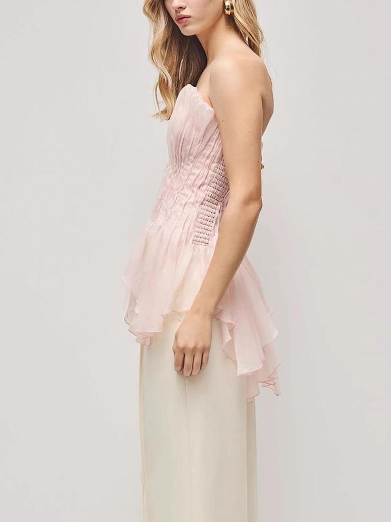 Pink Strapless Ruched Waist Vest - French Sweet Style, Stunning One-Shoulder Design