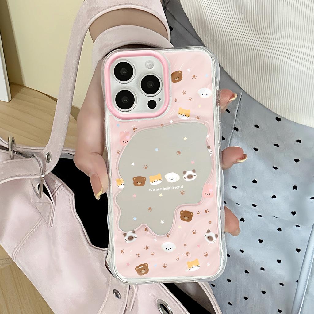 Cute Bear Mirror for Apple 16/15/iphone13promax Huawei Makeup Mirror Pink Phone Case