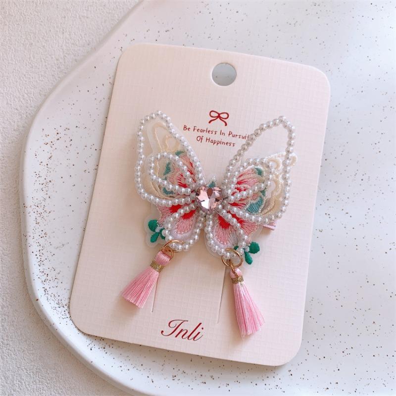 Neujahrs-Rote Perlen-Haarspangen für Kinder - Süße Schmetterling-Quasten-Barretten, Chinesischer Hanfu-Stil, Niedliche Haaraccessoires
