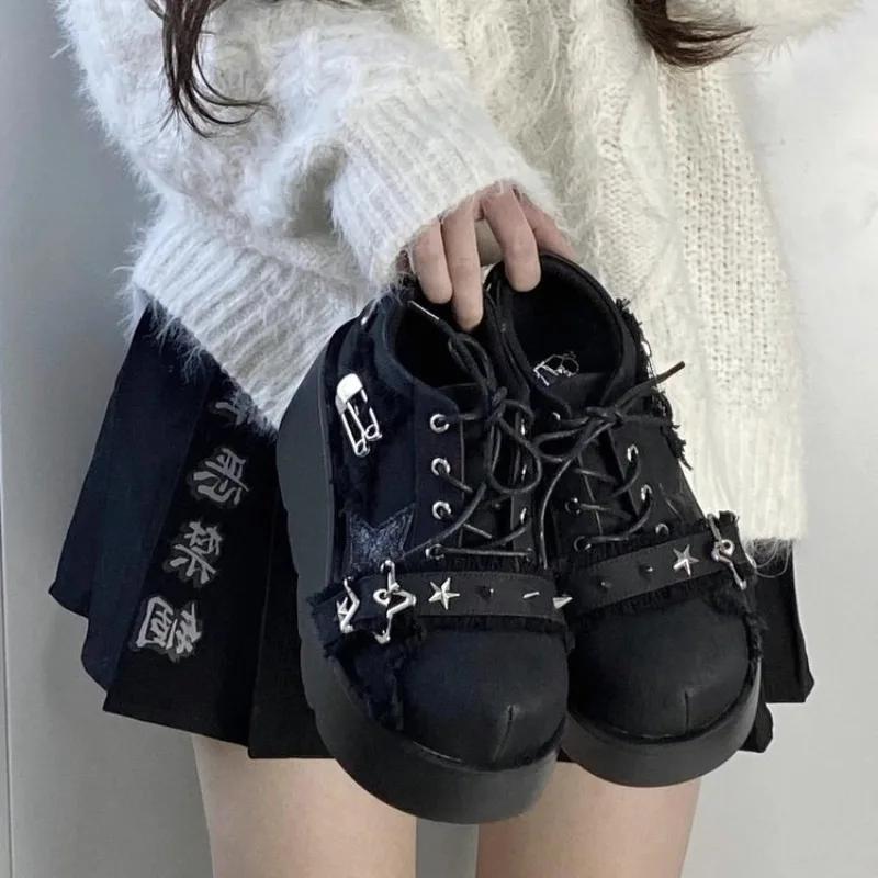 Damenschuhe Punk Metallkette Plateau-Stiefeletten 2026 Herbst Dicke Sohle Denim-Stiefel Damen Schwarz Gothic Lolita Schuhe