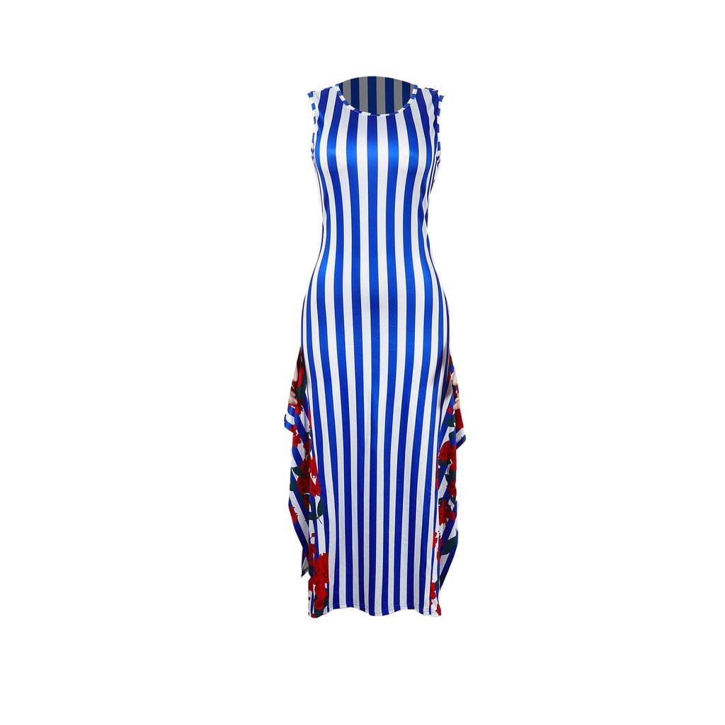 European & American Women's Sleeveless Striped Ruffle Print Dress