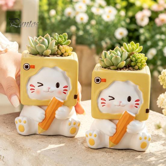 Small Resin Flowerpot Holding Pen Cat Planter Pot, Shaped Flowerpot, Indoor Succulents Plants Container for Home Office Balcony Animal Plant Pot