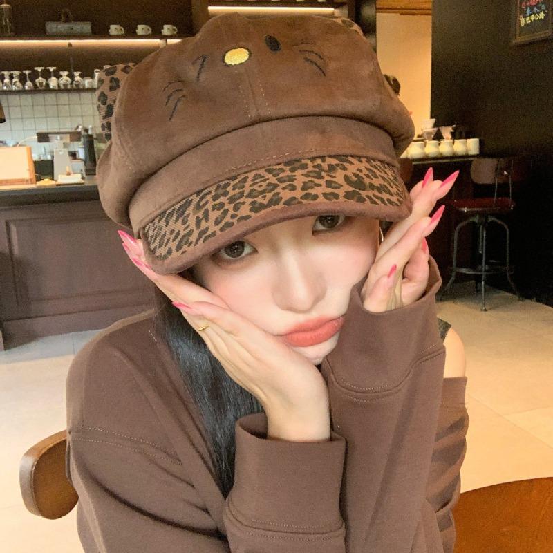 Cute Leopard Print Ears Octagonal Hat For Large Head Size Spring Autumn