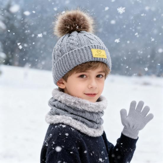 Yousheng 3-teiliges/Set Kinder Wintermütze Schal Handschuhe Set Plüschball Deko Zopfmuster Randlose Mütze Strickhandschuhe Fleecefutter Nackenwärmer Set