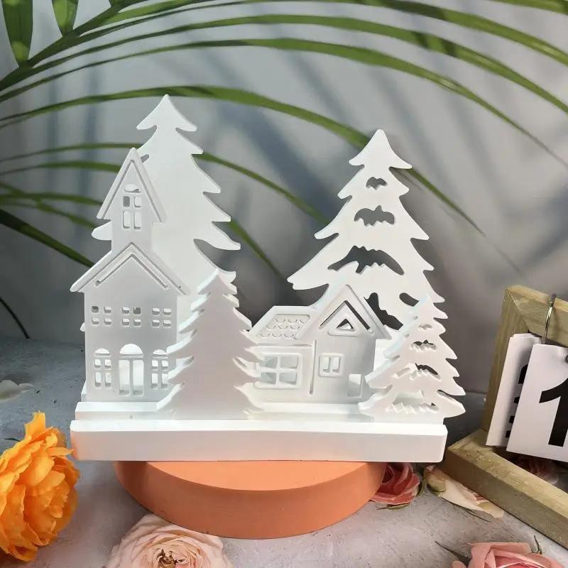 Christmas Tree House Candle Holder Silicone Mold Set DIY Christmas Ornament Cement Plaster Casting Craft Making Decoration Mold