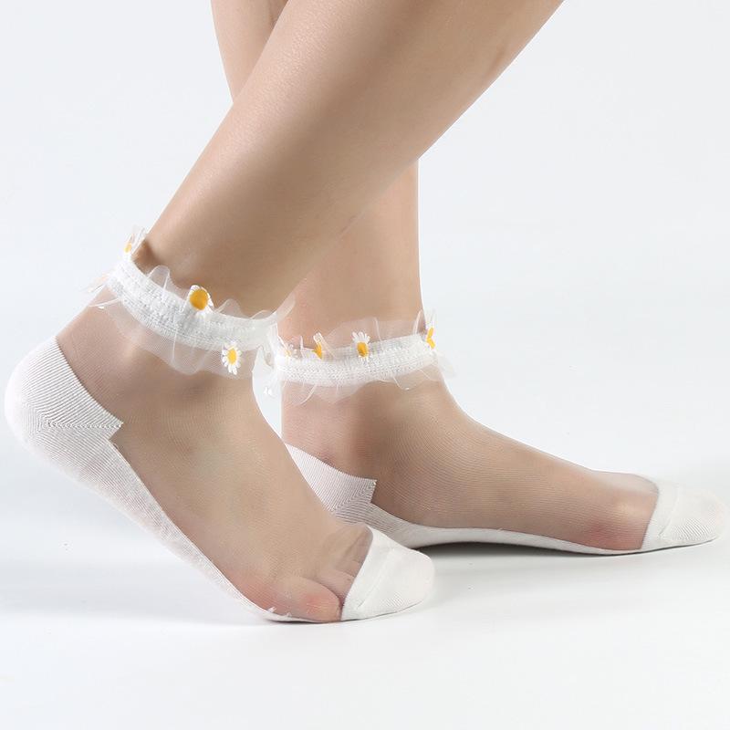 5 Pairs Spring/Summer Glass Wire Boat Socks Sewn with Daisy Lace Transparent Silk Women's Boat Socks