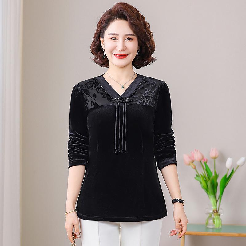 Elegant Chinese Style Golden Velvet Long Sleeve Top - Slim, Fashionable Base Layer for Plus Size, Spring & Autumn.